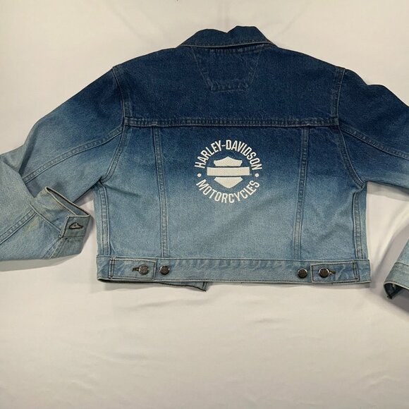 Harley Davidson Denim Cropped Ombré Jean Jacket XS Vintage Biker Motorcycle - Picture 8 of 14